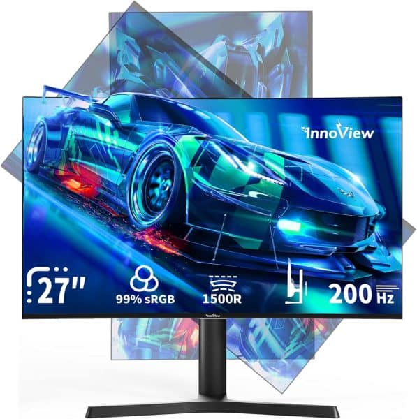 InnoView 27 Inch Curved 200Hz FHD Gaming Monitor Height Adjustable 99% sRGB Eyes Care 1080P Computer PC Gamer Monitor with Speakers Built in USB DP HDMI for Game