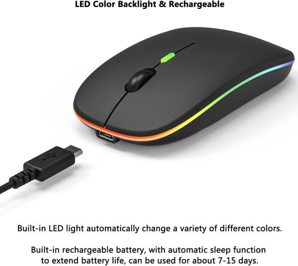 LED Rechargeable Wireless Bluetooth Mouse for Laptop MacBook iPad Air Pro Mini Mac Android Samsung Tablet Cell Phone 2.4G Silent Slim Portable Cordless Mice for Computer Chromebook PC Desktop (Black)