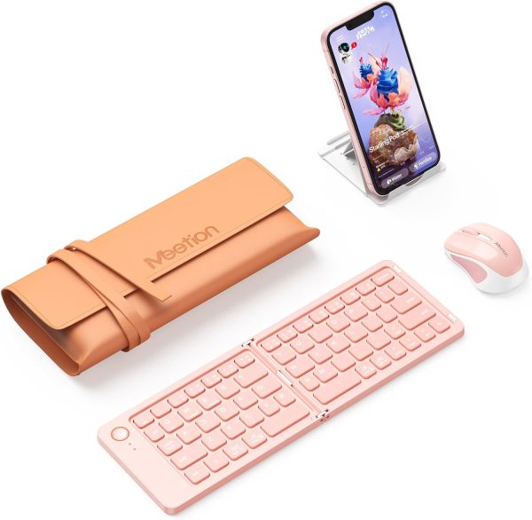 MEETION Foldable Keyboard and Mouse, Portable Bluetooth Keyboard and Mini Mouse with Stand Holder, for Travel, Business, Gifts, USB-C Rechargeable, Travel Keyboard Mouse for iPad Tablets Laptop, Pink