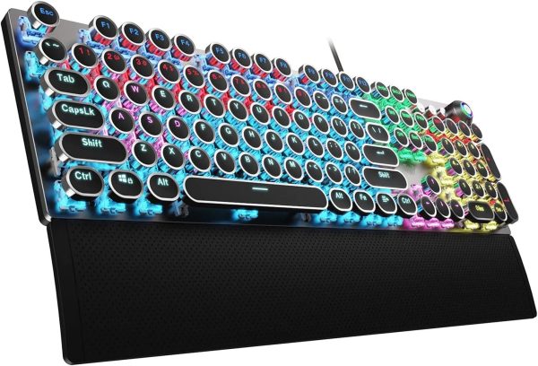 AULA F2088 Typewriter Style Mechanical Gaming Keyboard Blue Switches,Rainbow LED Backlit,Removable Wrist Rest,Media Control Knob,Retro Punk Round Keycaps,USB Wired Computer Keyboard