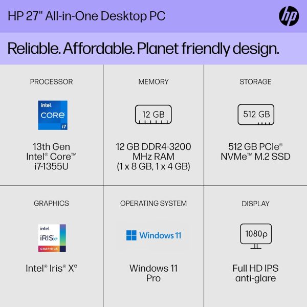 HP 27 inch All-in-One Desktop PC, FHD Display, 13th Generation Intel Core i7-1355U, 12 GB RAM, 512 GB SSD, Intel Iris Xe Graphics, Windows 11 Pro, 27-cr0082 (2023),Black