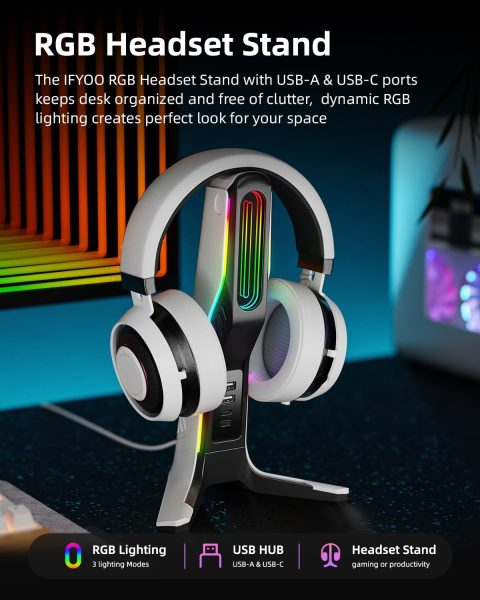 IFYOO RGB Gaming Headset Stand with 2 USB and 1 Type-C Ports, Game Headphone Mount for PC Computer, Xbox One, Xbox Series S/X, PS5, PS4, Earphone Holder Hanger, Desk Gamer Accessories, BlackWhite