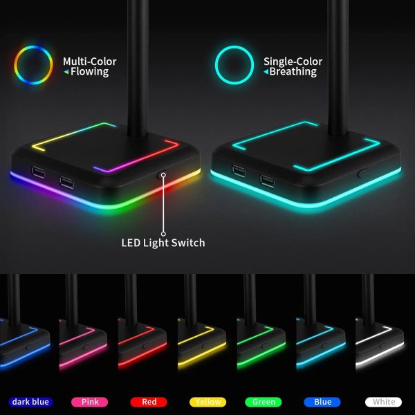TEEDOR Headphone Stand, RGB Gaming Headset Holder with 2 USB Charger Ports  10 Lighting Modes for Desktop PC Game Earphone Accessories