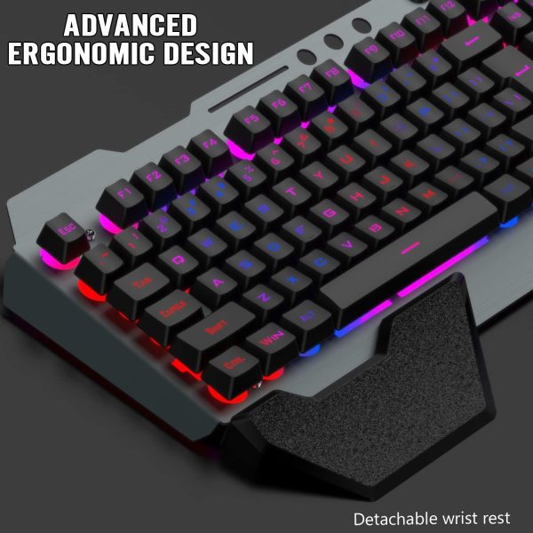 Wireless gaming Keyboard and Mouse,Rainbow Backlit Rechargeable Keyboard Mouse with 3800mAh Battery Metal Panel,Removable Hand Rest Mechanical Feel Keyboard and 7 Color Gaming Mute Mouse for PC Gamers