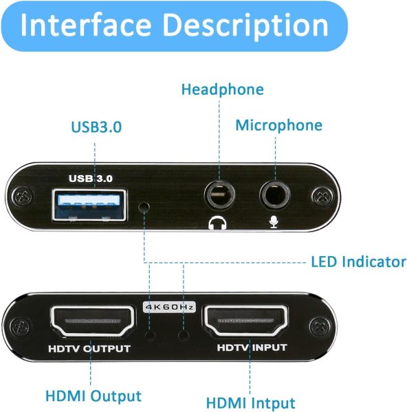 4K@60Hz Audio Video Capture Card, USB 3.0 HDMI Video Capture Device, Full HD 1080P, 3.5mm TRS Audio Input, HDCP2.2, for Game Recording, Live Streaming Broadcasting