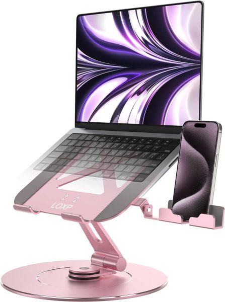 Aluminumy Laptop Stand for Desk with 360 Swivel Base  Rotating Phone Holder, Adjustable Computer Stand for Laptops, Ergonomic Laptop Riser Fits MacBook, HP, Dell, All 10-17.3 Laptops