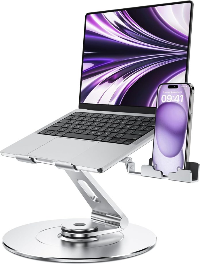 aluminumy laptop stand for desk with 360 swivel base rotating phone holder adjustable computer stand for laptops ergonom