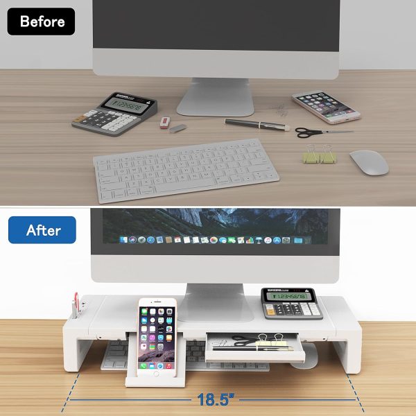 AQQEF Desk Monitor Stand with Drawer, Width Adjustable Monitor Riser with Storage,Laptop and Computer Screen Shelf Organizer with USB3.0 Data Port and TYPE-C Charging Port