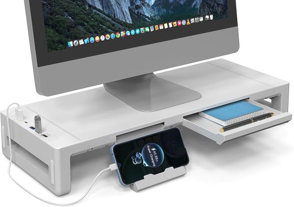 AQQEF Desk Monitor Stand with Drawer, Width Adjustable Monitor Riser with Storage,Laptop and Computer Screen Shelf Organizer with USB3.0 Data Port and TYPE-C Charging Port