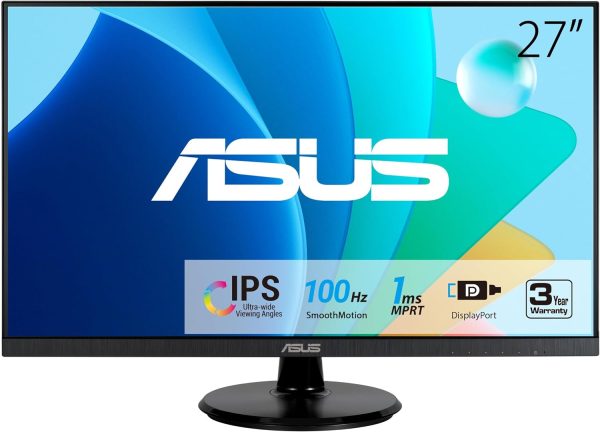 ASUS 27” 1080P Eye Care Monitor (VA27DQF) - IPS, Full HD, Frameless, 100Hz, 1ms, Adaptive-Sync, for Working and Gaming, Low Blue Light, Flicker Free, HDMI, DisplayPort, 3 Year Warranty