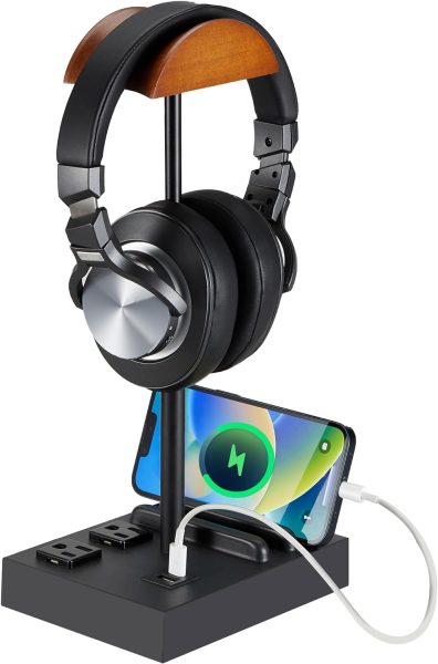 CASTLELIFE Headphone Stand Desktop Gaming Headset Holder with 2 AC Outlets and USB CA Ports, Charging StationPhone Stands, Wood Earphone Table Game Accessories for Desktop Gamer, Black