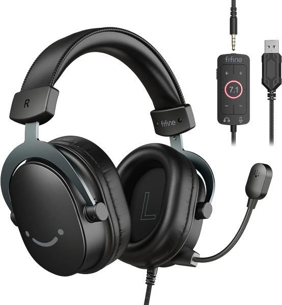 FIFINE PC Gaming Headset, USB Headset with 7.1 Surround Sound, Detachable Microphone, Control Box, 3.5mm Headphones Jack, Over-Ear Wired Headset for PS5/PS4/Xbox/Switch, Black-AmpliGame H9