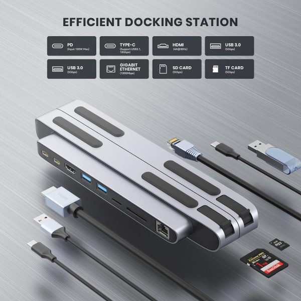 GEODMAER USB C Laptop Docking Station Stand, Detachable Magnetic USB C Hub Dock with 4K HDMI, 2*USB3.0, PD100W, TF/SD, Gigabit Ethernet, Docking Station for MacBook Pro/Air/Dell/HP/Surface/Lenovo