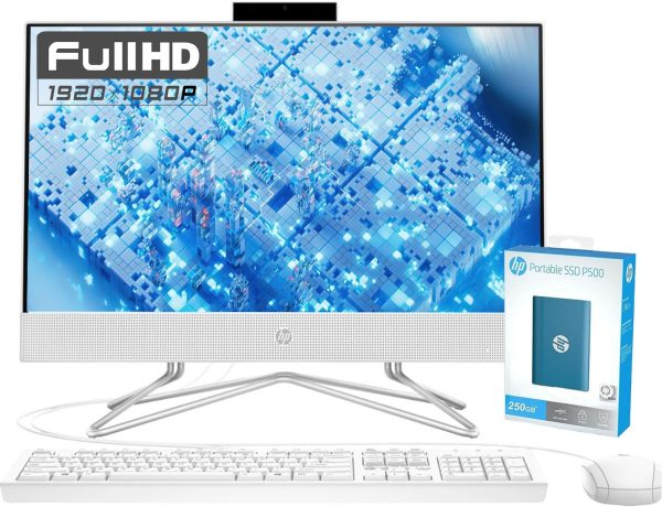 HP All-in-One Desktop Computer, 21.5 1080P FHD Display, 32GB RAM, 1TB SSD, Intel Duel Core Celeron Processor, Webcam, WiFi, HDMI, Wired KeyboardMouse, P500 Portable SSD, Windows 11