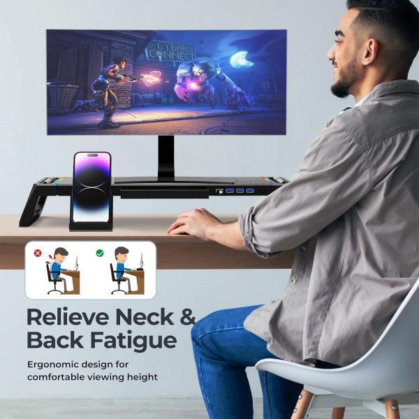 KeiBn RGB Gaming Computer Monitor Stand with 4 USB 3.0 Hub, 3 Lengths Adjustable Monitor Stand with Storage Drawer and Phone Holder, Monitor Stand Riser for PC,Laptop,iMac