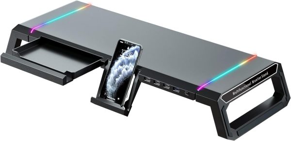 KYOLLY RGB Gaming Computer Monitor Stand Riser with Drawer,Storage and Phone Holder - 1 USB 3.0 and 3 USB 2.0 Hub, 3 Length Adjustable