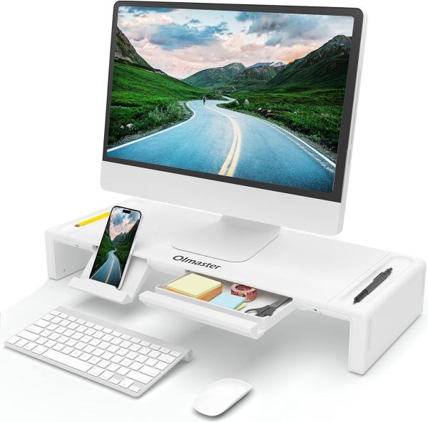 OImaster Monitor Stand Riser, Foldable Computer Monitor Riser, Adjustable Height Computer Stand and Storage Drawer  Pen Slot, Phone Stand Compatible Computer, Desktop, Laptop, Save Space (White)
