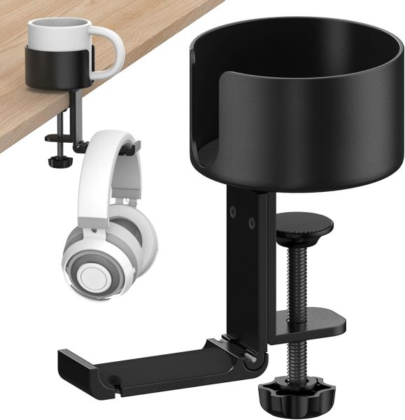 POWNEW 4 in 1 Desk Cup Holder with Headphone Hanger and Controller Stand Gaming Accessories, Universal Adjustable  Rotating Upgraded Arm Clamp for Coffee Mugs, Water Bottles, Headphones, Controller.