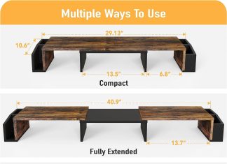 simple houseware desk dual monitor stand riser with drawer rustic brown 3