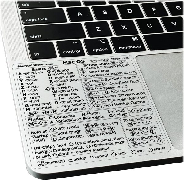 SYNERLOGIC Mac OS (Sonoma/Ventura/Monterey/Etc) Keyboard Shortcuts, M1/M2/M3/Intel No-Residue Clear Vinyl Sticker, Compatible with 13-16-inch MacBook Air and Pro