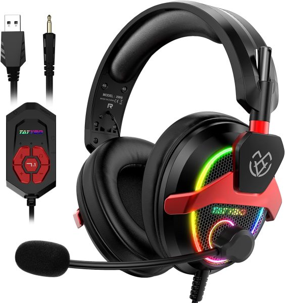 Tatybo 7.1 Surround Sound Gaming Headset for PC PS4 PS5 Switch, PC Headset with Noise Cancelling Mic, USB  3.5mm Jack Gaming Headphones