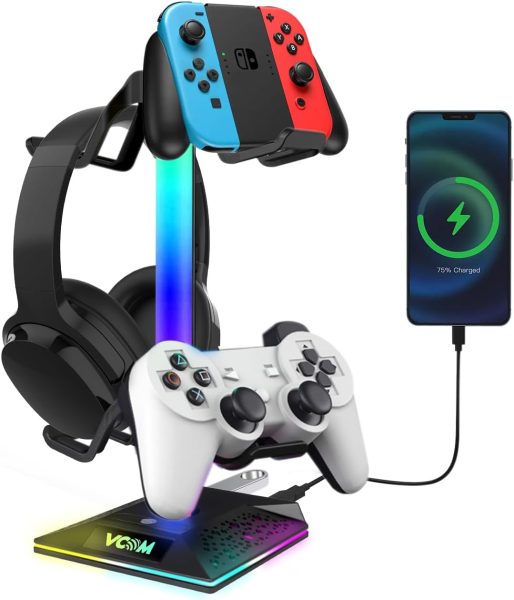 V VCOM RGB Gaming Headphones Stand with 2 USB Ports Headset Stand with 10 Light Modes and Non-Slip Rubber, Suitable for All Earphone Accessories, Best Gift for Husband, Kids, Boyfriend