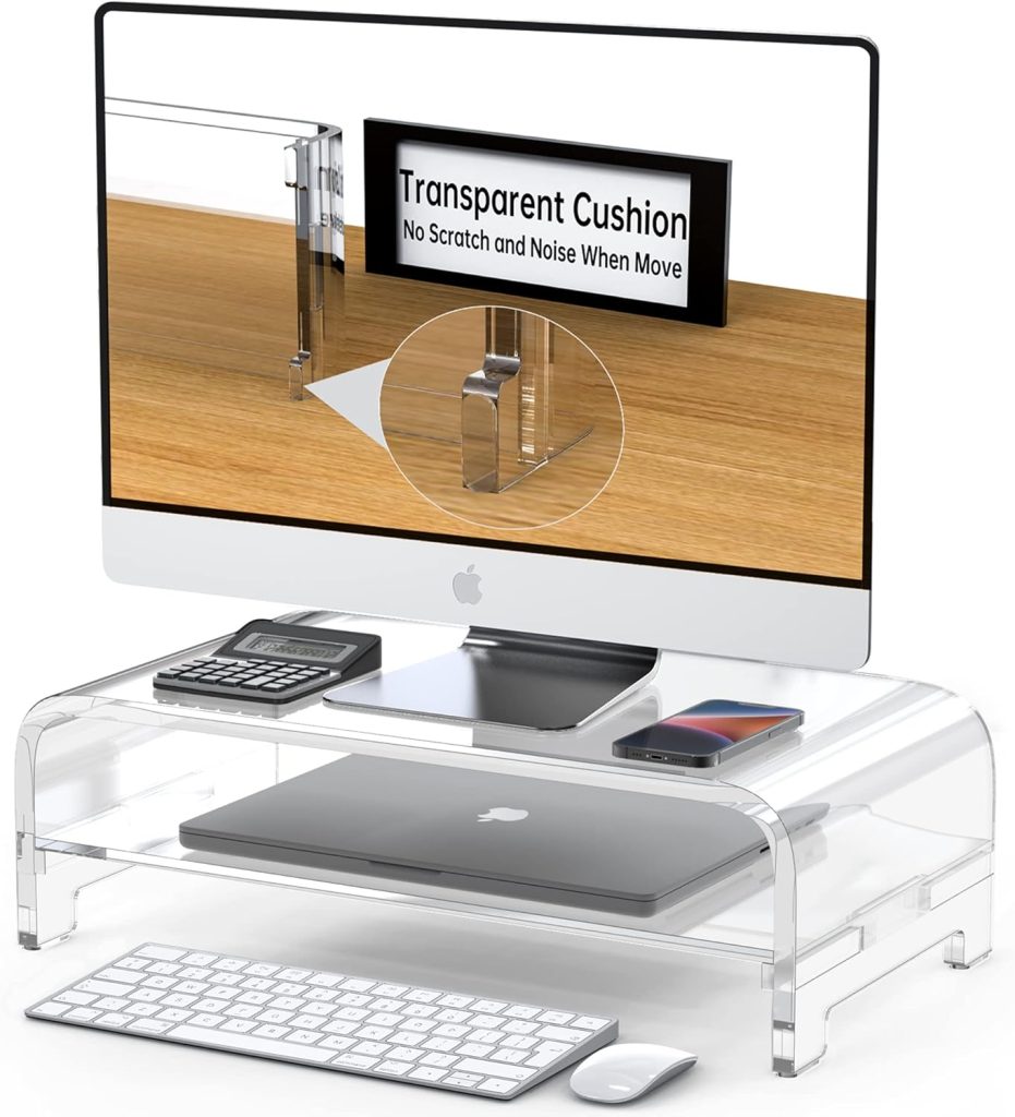 Acrylic Monitor Stand Riser 16Lx8.5Wx5H Inch 2-Tiers Acrylic Laptop Stand Riser for Desk with Anti Slip Mat Clear Monitor Stand with Storage for iMac MacBook and Any Size Computer Monitor