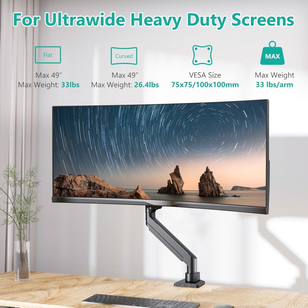 WALI Ultrawide Monitor Arm for 13 to 49 Inch Heavy Duty Curved Screens, Holds 33 Lbs, Adjustable Gas Spring Single Monitor Desk Mount with C-Clamp, Grommet Base, 75x75/100x100 VESA, (GSM001XL), Black WALI Ultrawide Monitor Arm for 13 to 49 Inch Heavy Duty Curved Screens, Holds 33 Lbs, Adjustable Gas Spring Single Monitor Desk Mount with C-Clamp, Grommet Base, 75x75/100x100 VESA, (GSM001XL), Black