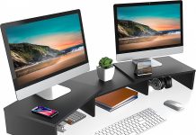 FITUEYES Dual Monitor Stand review fitueyes dual monitor stand 3 shelf computer monitor riser wood desktop stand with adjustable length and angle desk acce