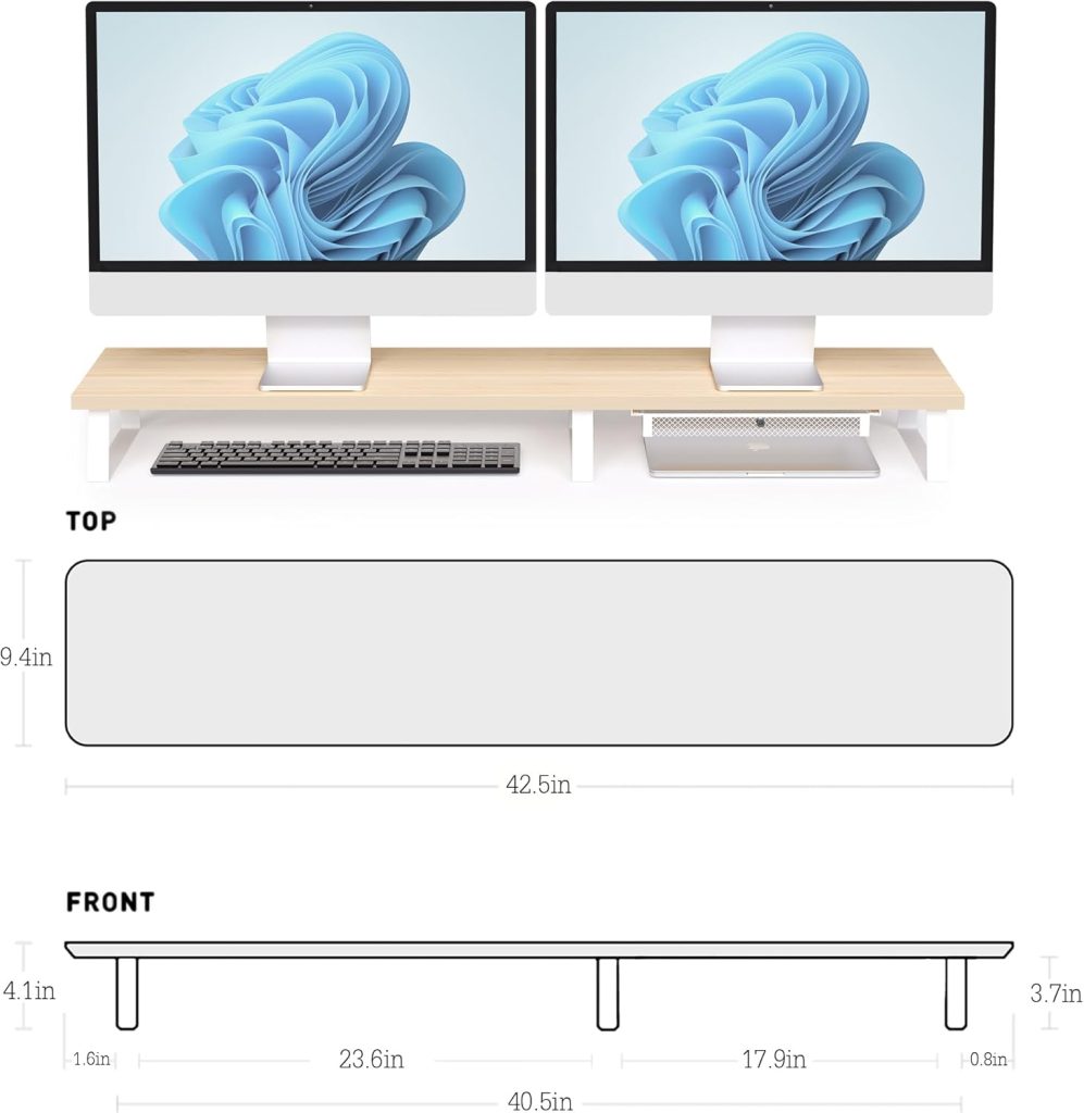 Large Dual Monitor Stand Riser - Monitor Stand for 2 Monitors, Wooden Computer Stand For Desk with Metal Legs, Desk Organizers and Storage With Drawer, Desk Shelf for Computer/Laptop/Printer/TV, Oak Large Dual Monitor Stand Riser - Monitor Stand for 2 Monitors, Wooden Computer Stand For Desk with Metal Legs, Desk Organizers and Storage With Drawer, Desk Shelf for Computer/Laptop/Printer/TV, Oak
