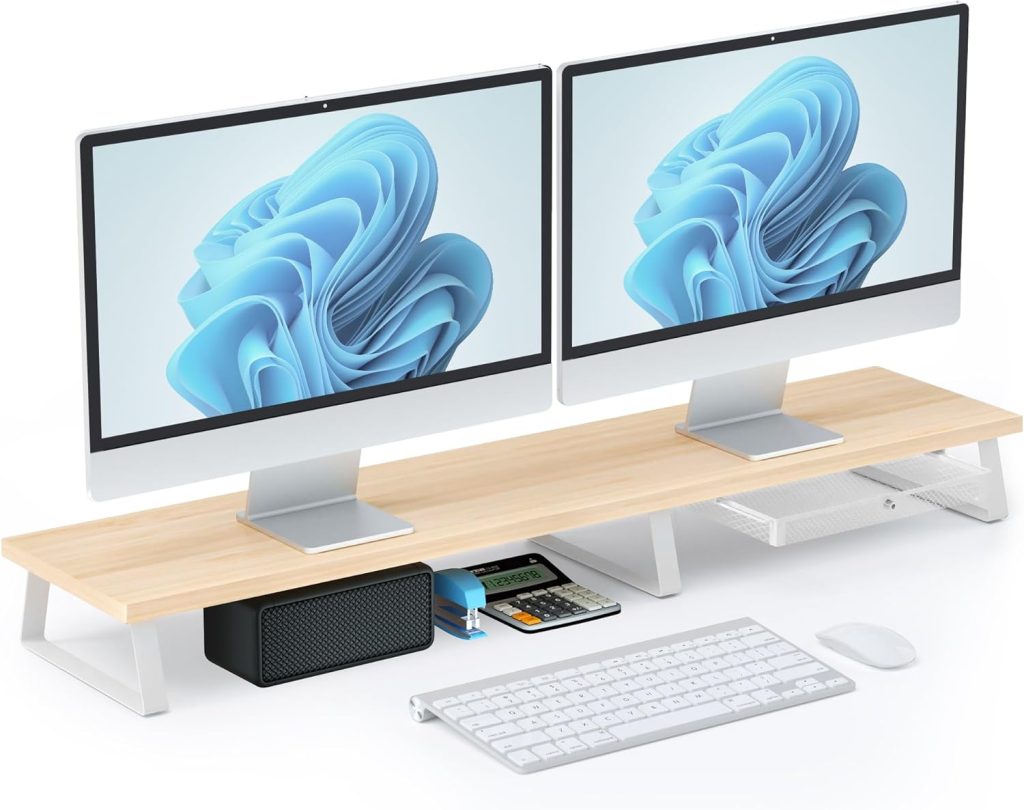 Large Dual Monitor Stand Riser - Monitor Stand for 2 Monitors, Wooden Computer Stand For Desk with Metal Legs, Desk Organizers and Storage With Drawer, Desk Shelf for Computer/Laptop/Printer/TV, Oak Large Dual Monitor Stand Riser - Monitor Stand for 2 Monitors, Wooden Computer Stand For Desk with Metal Legs, Desk Organizers and Storage With Drawer, Desk Shelf for Computer/Laptop/Printer/TV, Oak