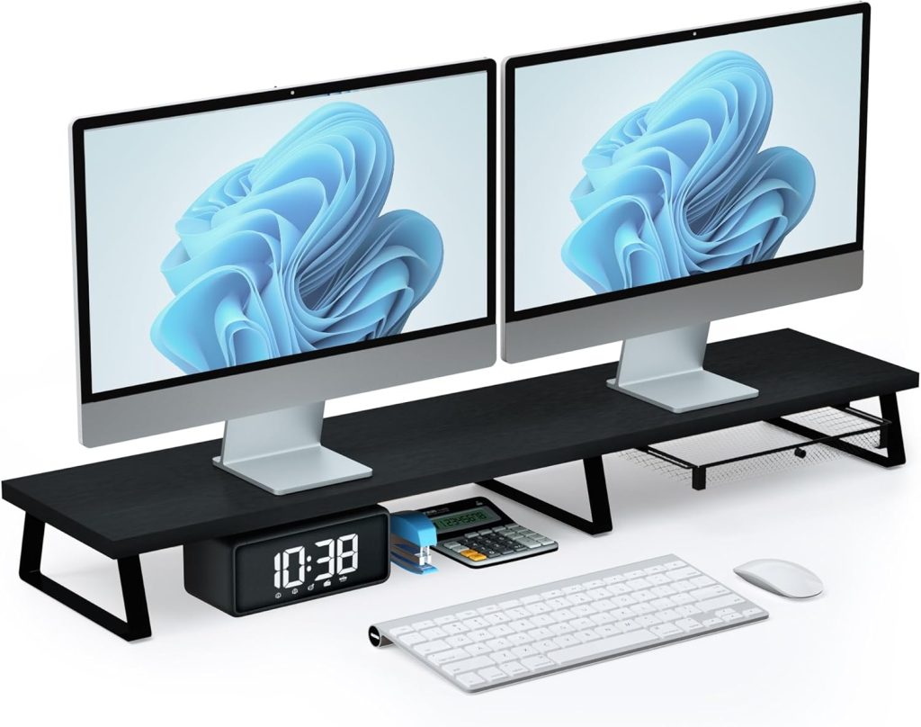Large Dual Monitor Stand Riser - Monitor Stand for 2 Monitors, Wooden Computer Stand For Desk with Metal Legs, Desk Organizers and Storage With Drawer, Desk Shelf for Computer/Laptop/Printer/TV, Oak Large Dual Monitor Stand Riser - Monitor Stand for 2 Monitors, Wooden Computer Stand For Desk with Metal Legs, Desk Organizers and Storage With Drawer, Desk Shelf for Computer/Laptop/Printer/TV, Oak
