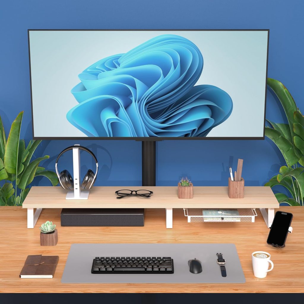Large Dual Monitor Stand Riser - Monitor Stand for 2 Monitors, Wooden Computer Stand For Desk with Metal Legs, Desk Organizers and Storage With Drawer, Desk Shelf for Computer/Laptop/Printer/TV, Oak Large Dual Monitor Stand Riser - Monitor Stand for 2 Monitors, Wooden Computer Stand For Desk with Metal Legs, Desk Organizers and Storage With Drawer, Desk Shelf for Computer/Laptop/Printer/TV, Oak
