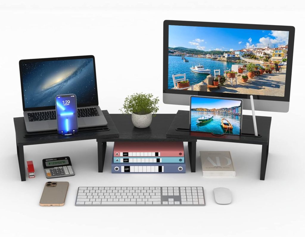 MEBRUDY Dual Monitor Stand Riser, Adjustable Length and Angle Wood Monitor Stand for Desk, Monitor Stand with 2 Slots, Desktop Organizer Stand for 2 Monitor(Black) MEBRUDY Dual Monitor Stand Riser, Adjustable Length and Angle Wood Monitor Stand for Desk, Monitor Stand with 2 Slots, Desktop Organizer Stand for 2 Monitor(Black)