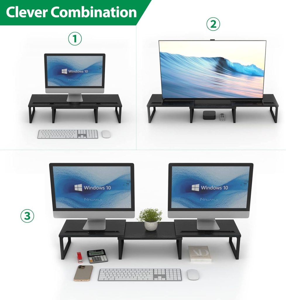 MEBRUDY Dual Monitor Stand Riser, Adjustable Length and Angle Wood Monitor Stand for Desk, Monitor Stand with 2 Slots, Desktop Organizer Stand for 2 Monitor(Black) MEBRUDY Dual Monitor Stand Riser, Adjustable Length and Angle Wood Monitor Stand for Desk, Monitor Stand with 2 Slots, Desktop Organizer Stand for 2 Monitor(Black)